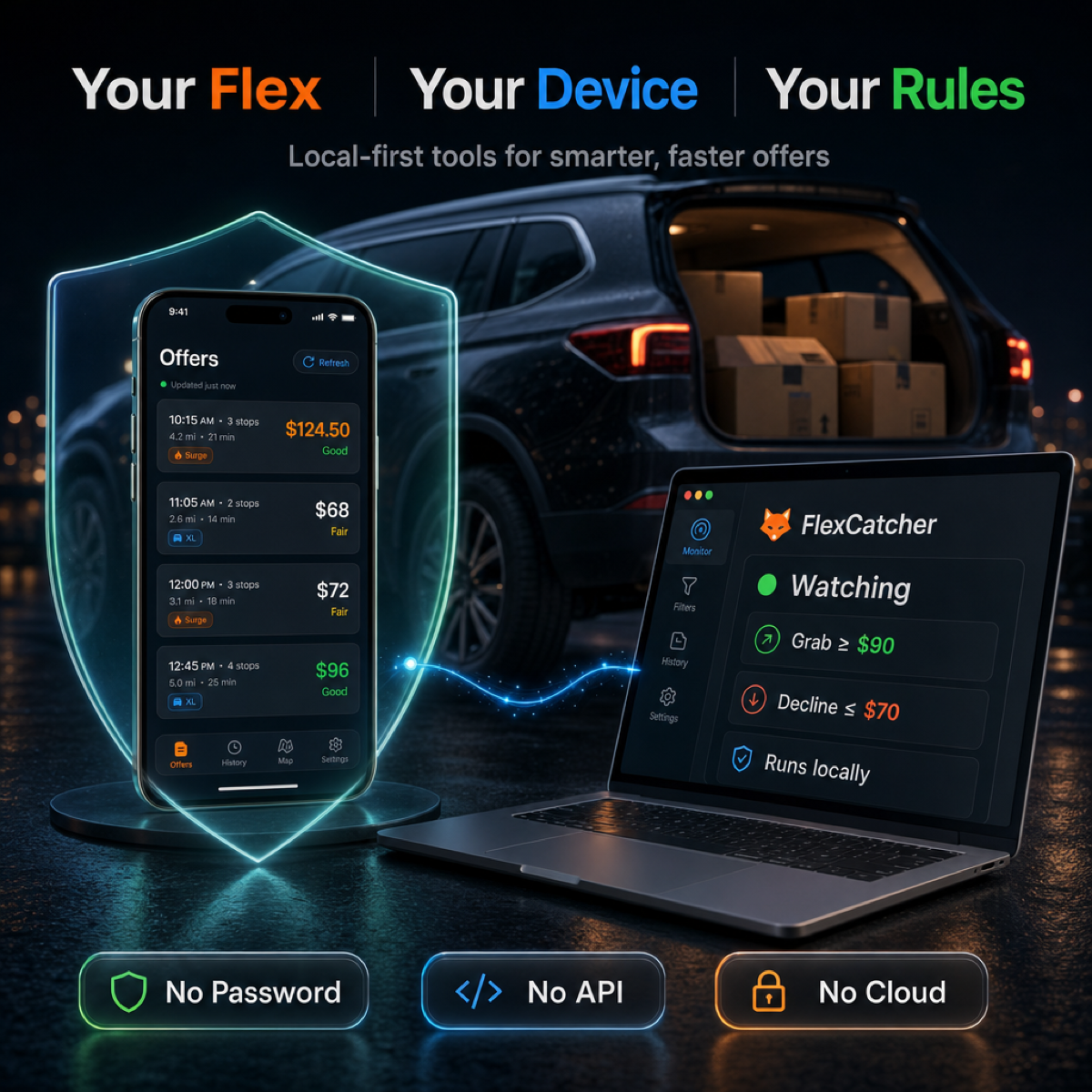 FlexFox local Mac and iPhone visual: iPhone Offers screen protected by a soft shield, connected to Mac through iPhone Mirroring, with no password, no API, and no cloud claims.